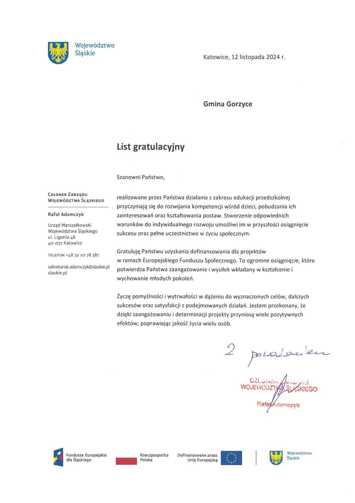list gratulacyjny dotyczący pozyskania środków